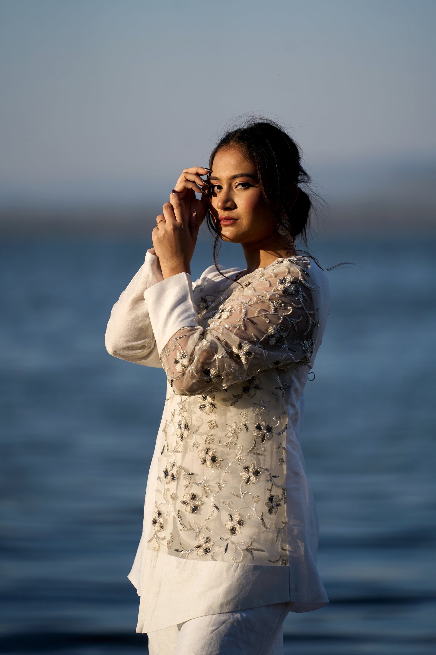 White dupien silk indowestern dress