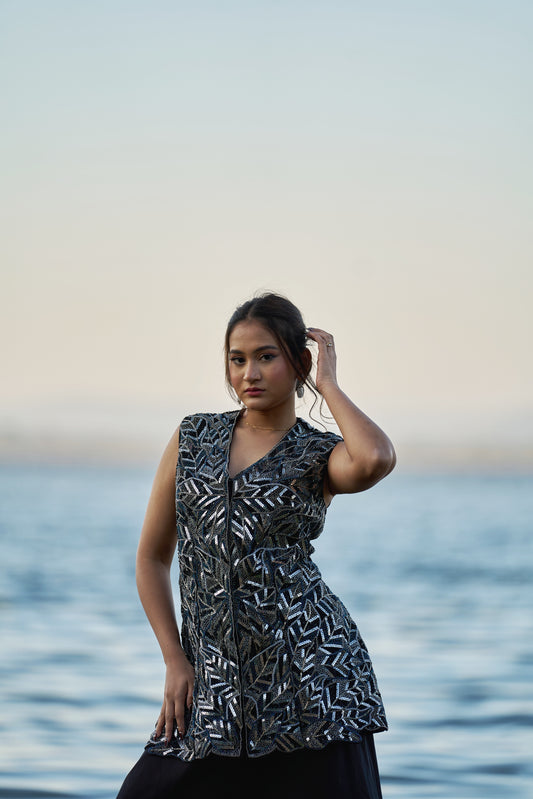 Black taiwan net peplum top with heavy satin lehenga pallazo