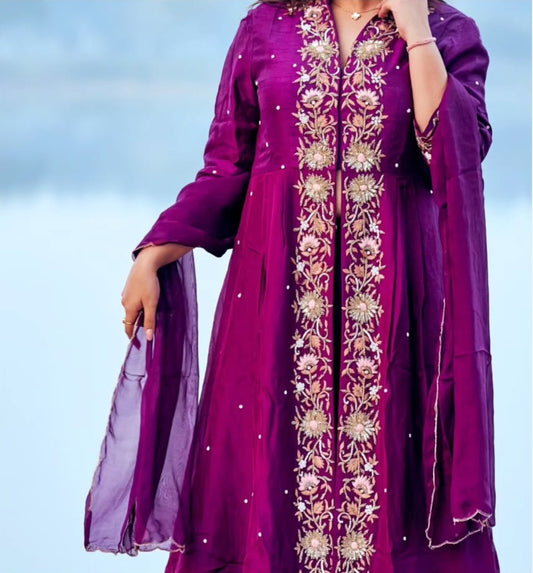 Purple dupien silk and flat chiffon, heavy satin indowestern dress