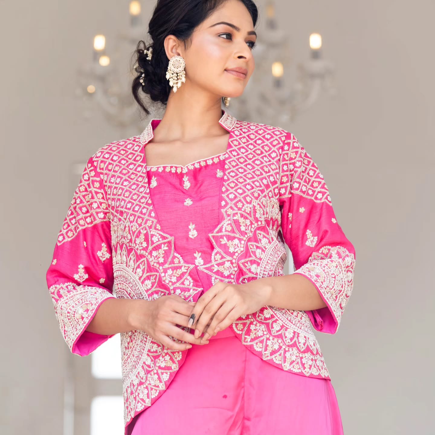 Rani pink dupien silk and heavy satin jacket