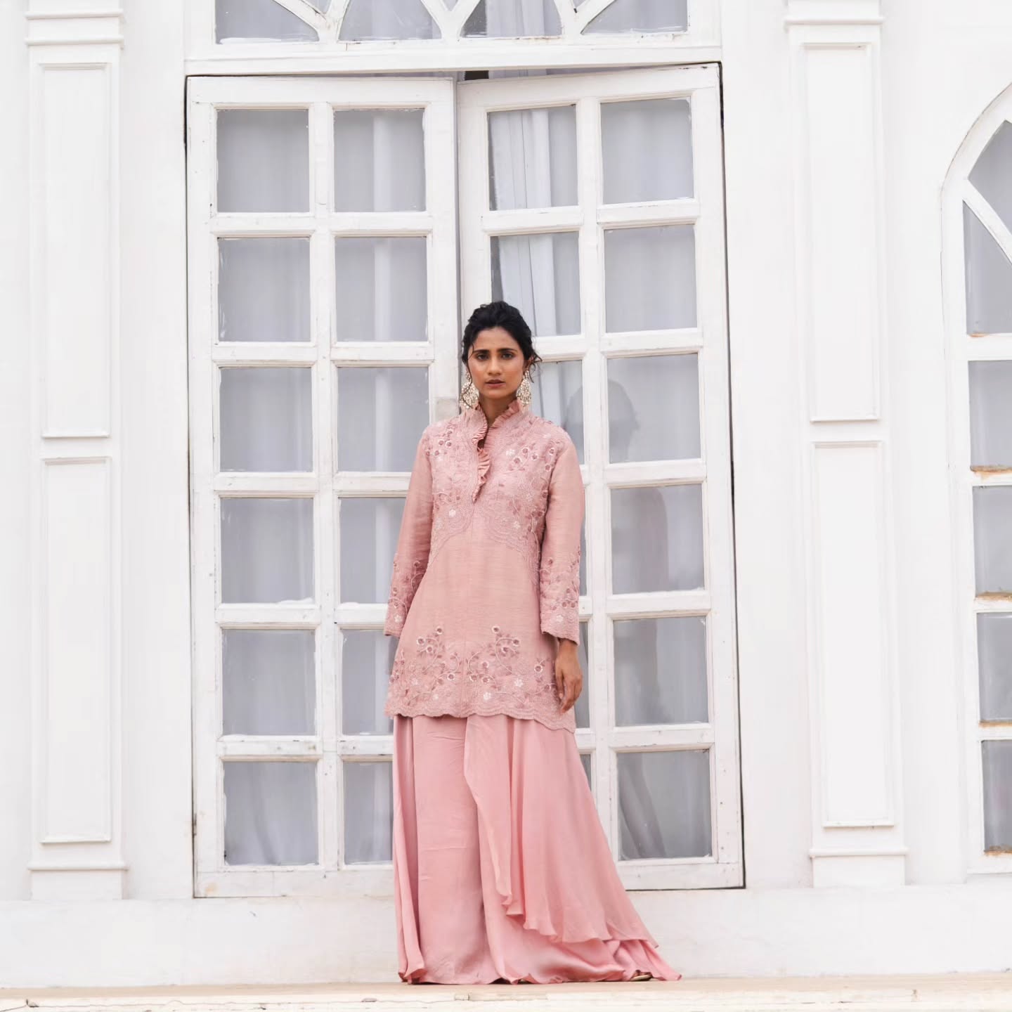 Soft pink dupien and heavy satin indowestern dress