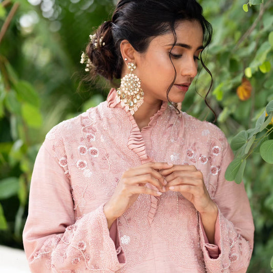 Soft pink dupien and heavy satin indowestern dress