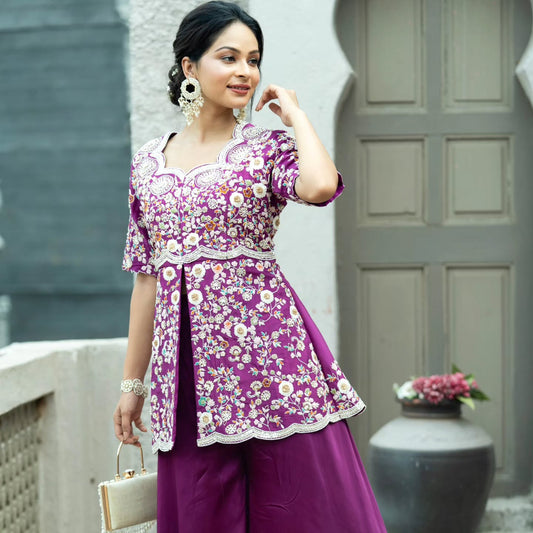 Purple satin upada silk peplum top with heavy satin lehenga pallazo