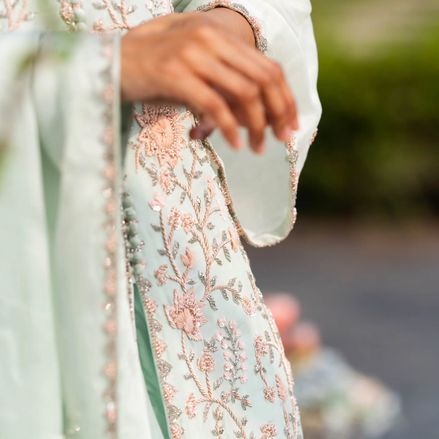 Light green upada silk peplum top with heavy satin lehenga pallazo