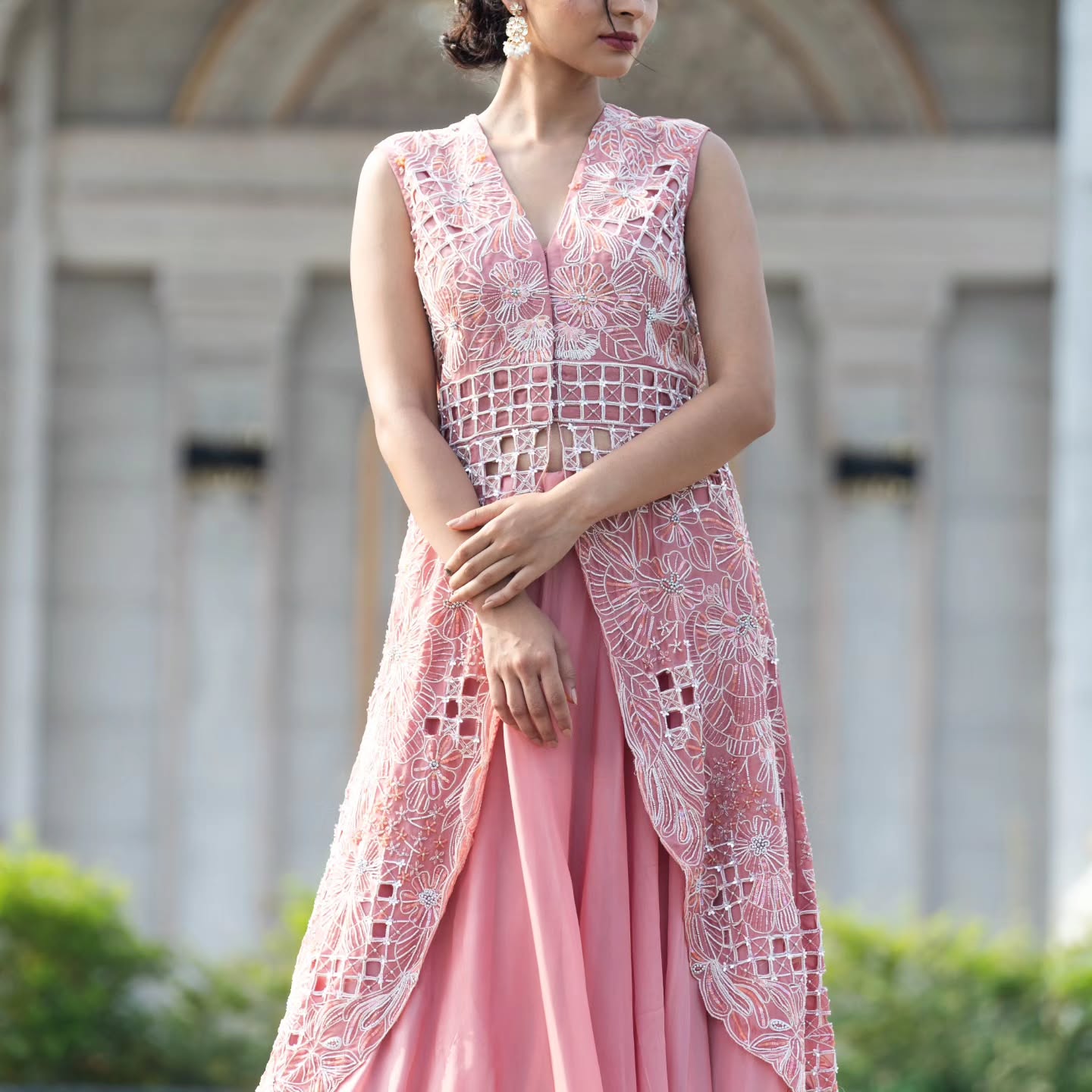 Peach upada silk top with flat chifforn lehenga set