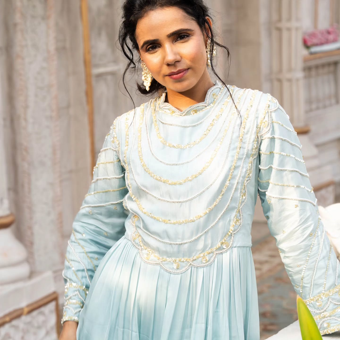 Blue upada silk and heavy satin gown