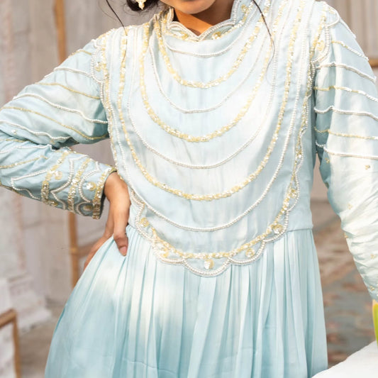 Blue upada silk and heavy satin gown