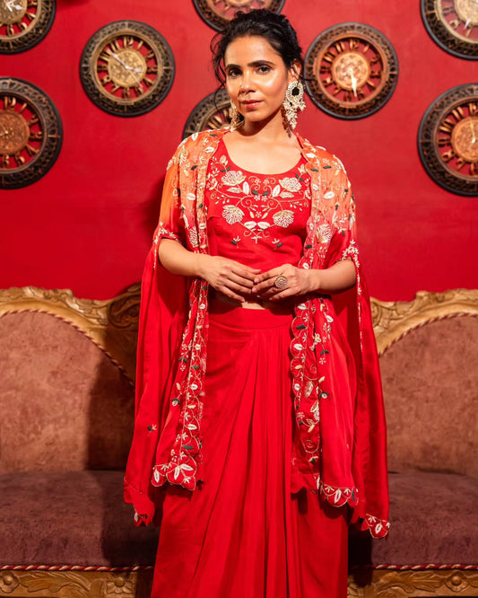 2 shaded red upada silk, satin organza set with crepe georgette bottoms