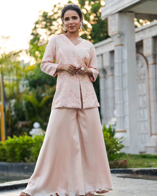 Light peach satin dupien silk peplum with heavy satin lehenga pallazo