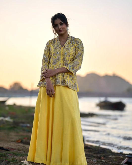 Yellow russian silk top with russian silk lehenga set