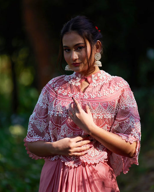 pastel pink cape top crepe geoegette with satin organza dhoti set