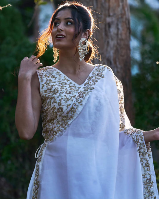 White upada silk and imp organza indowestern dress