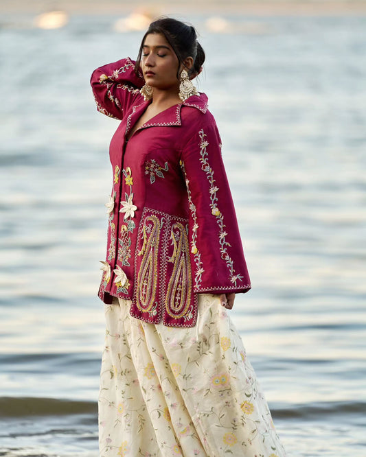 Red chanderi top with white chanderi lehenga set