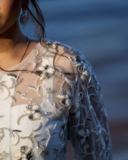 White dupien silk indowestern dress