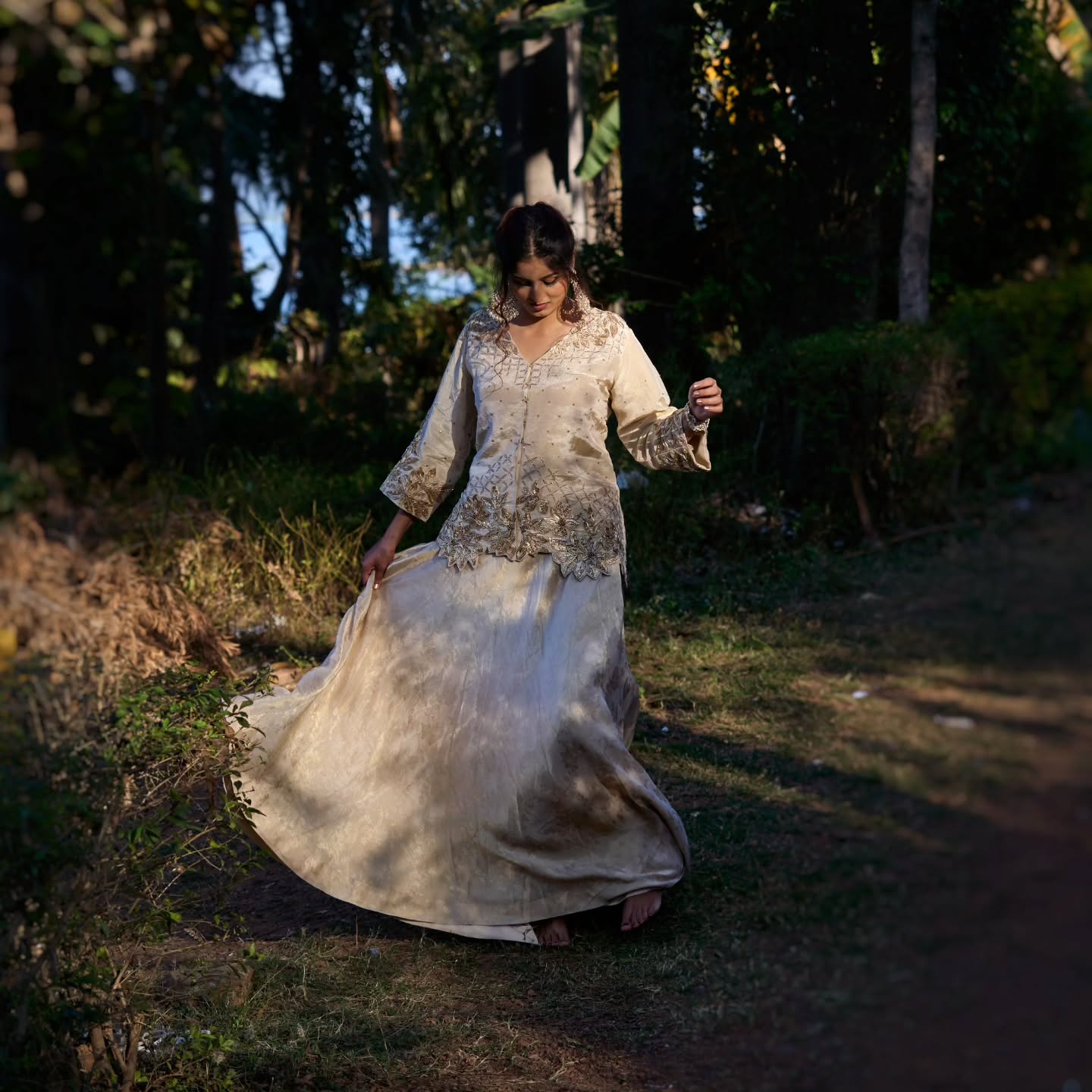 Cream russian silk top with russian silk lehenga set