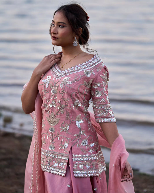 Pink dupien silk top with silk organza lehenga dupatta set