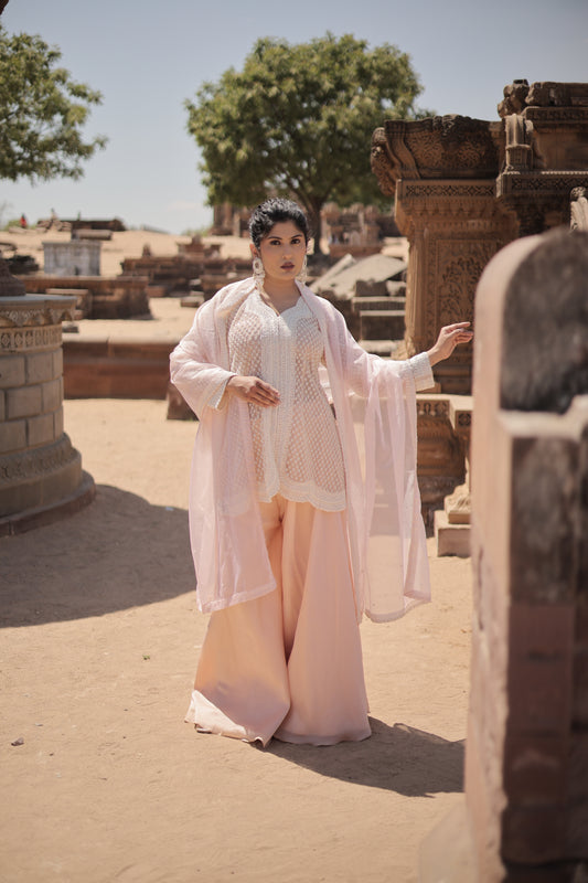 Light Peach Pearl Peplum Top with Lehenga Palazzo