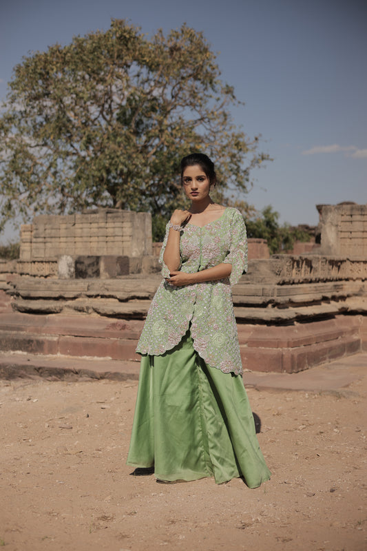 Mint green peacock GG Peplum top with Lehenga Palazzo