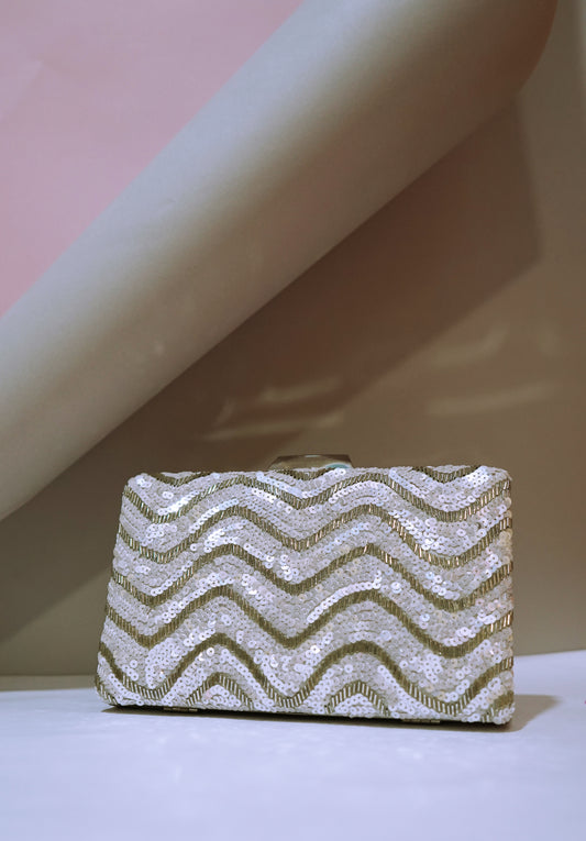 Rectangular shimmering white and silver Clutch