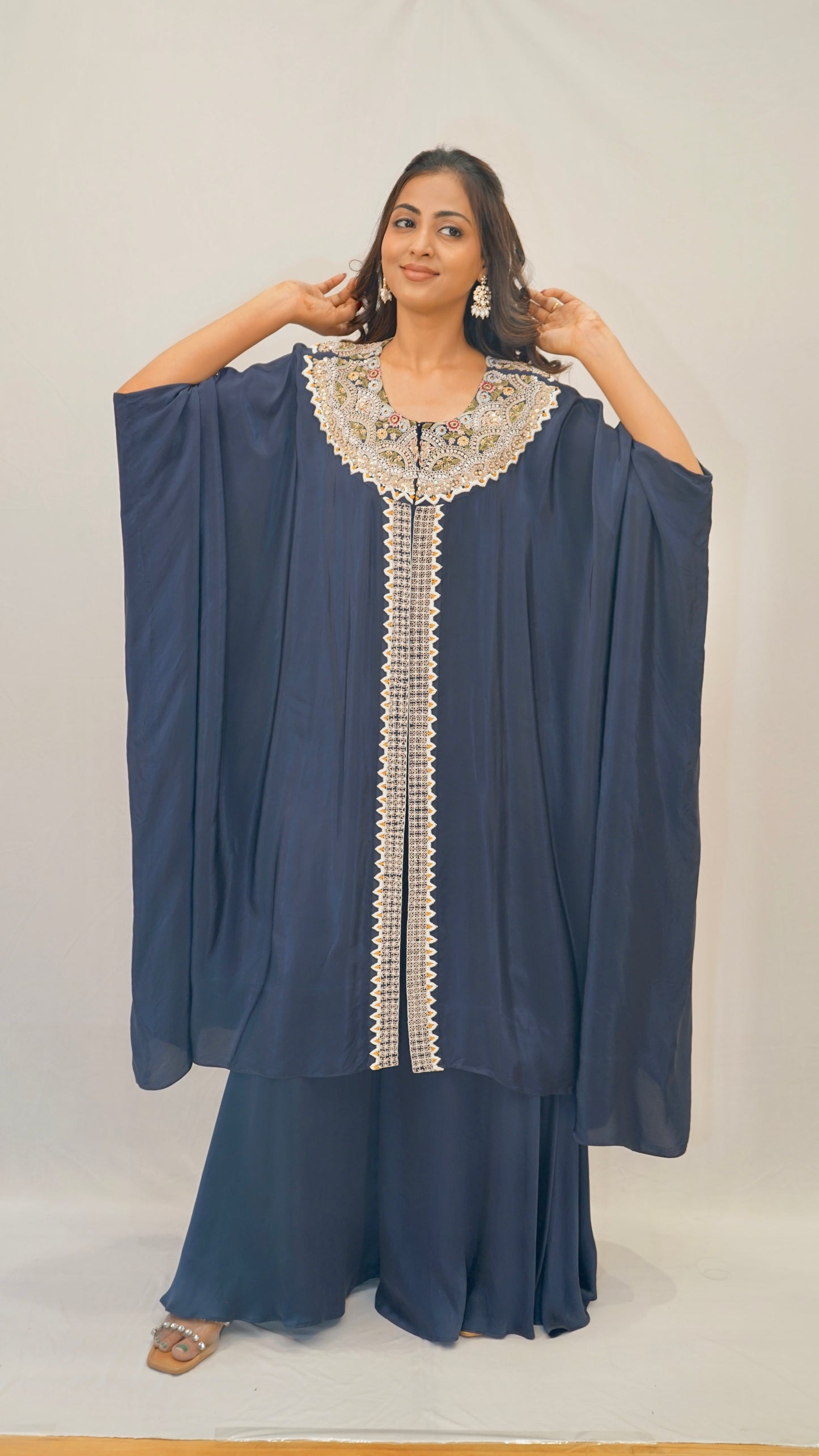 Blue bt kaftan set with neck work