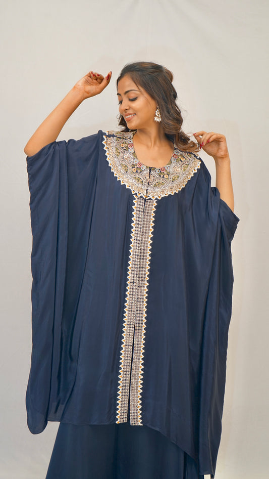Blue bt kaftan set with neck work