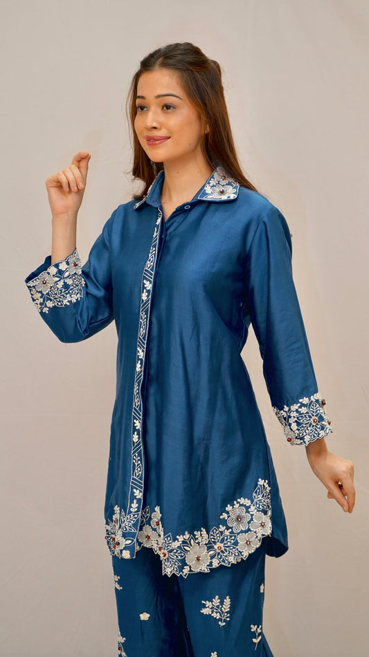 Royal blue floral white work co-ord set