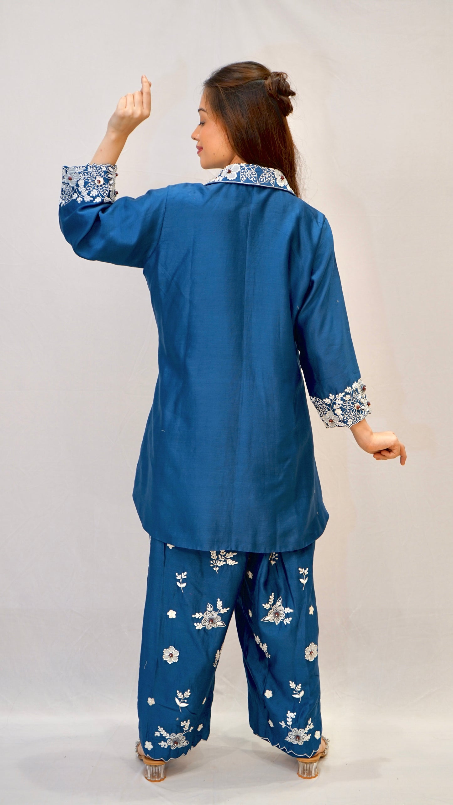 Royal blue floral white work co-ord set