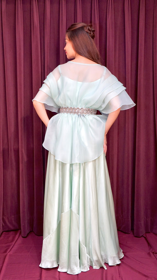 Pastel green top with flared bottoms