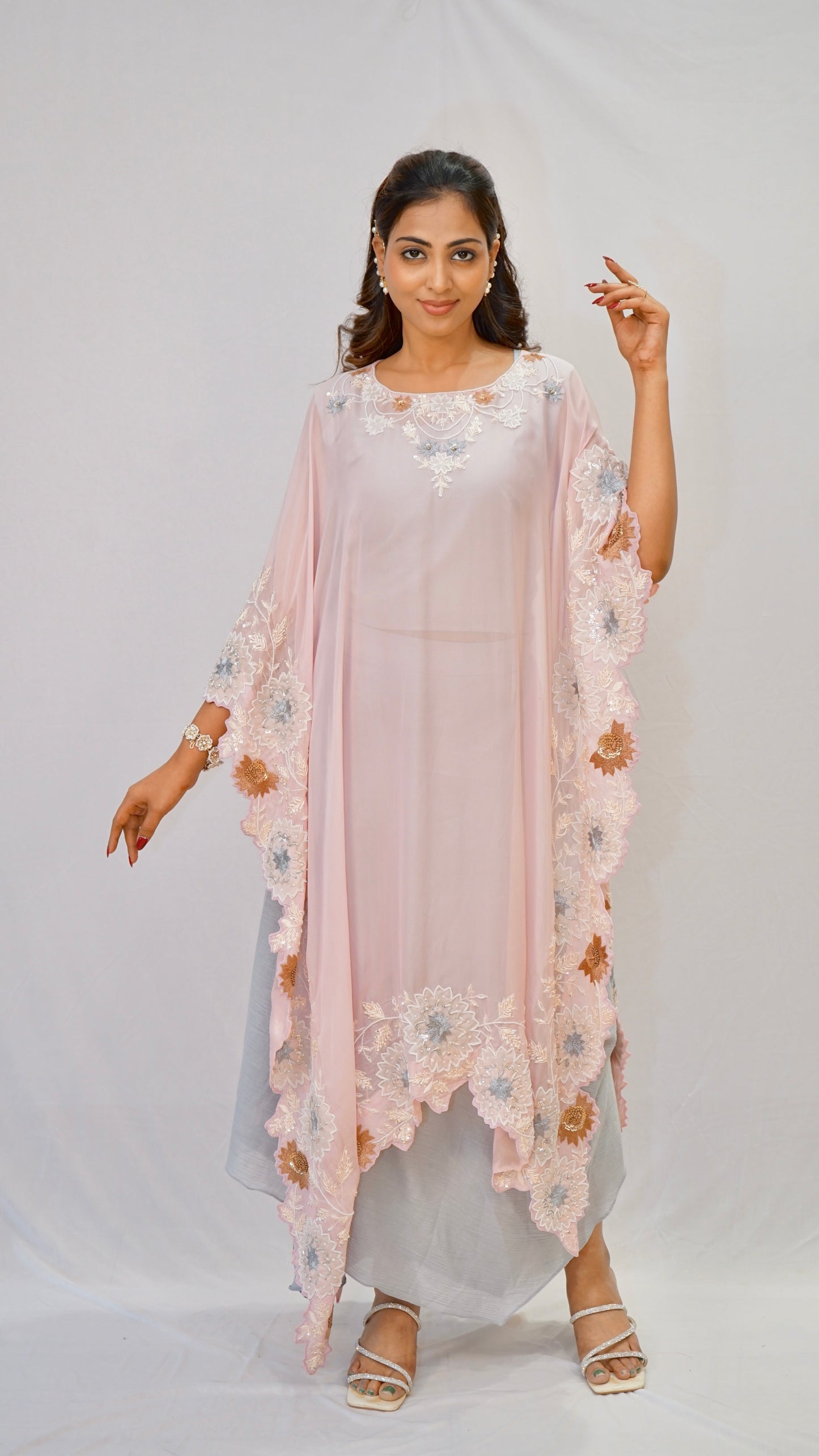 Light pink work with grey Kaftan