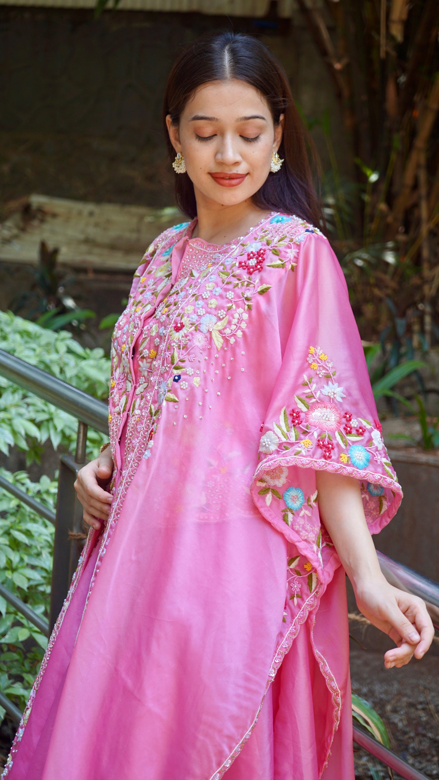 Neon Pink short blouse, Cape with lehenga