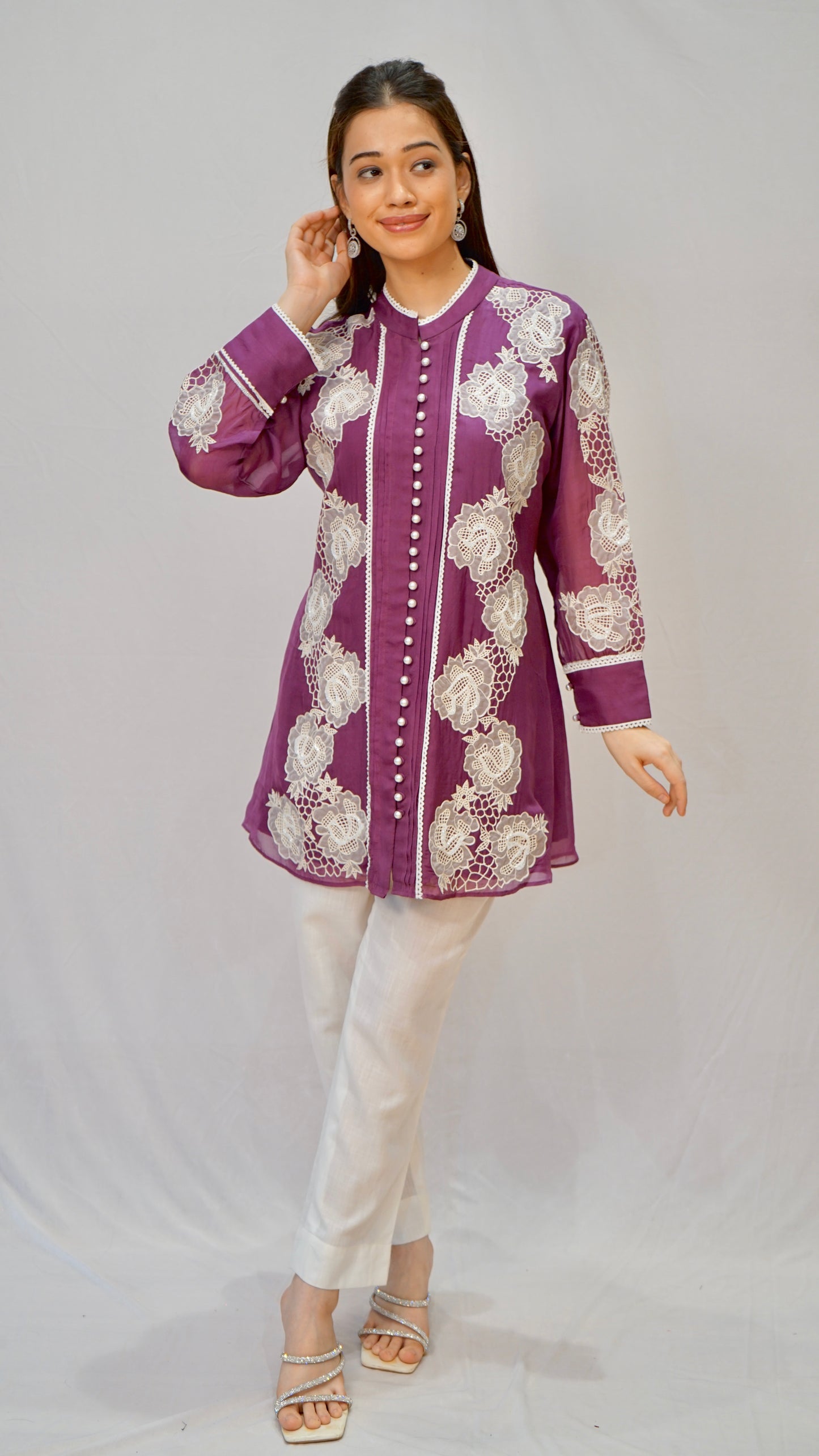 Vibrant Purple with White Cutwork Top