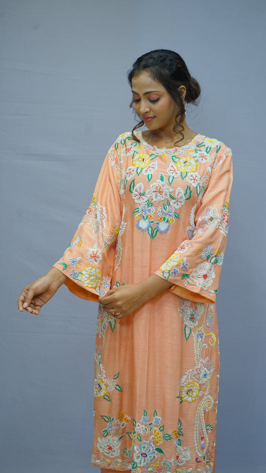 Peach Embroidered kurta with pants