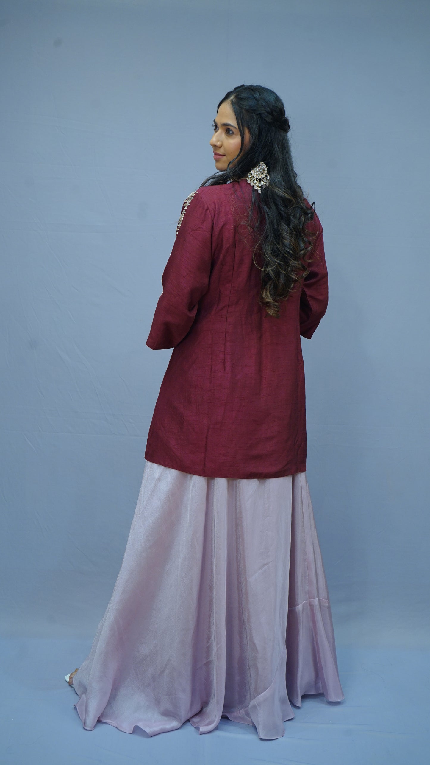 WINE Embroidery Top with Flarred Lehenga
