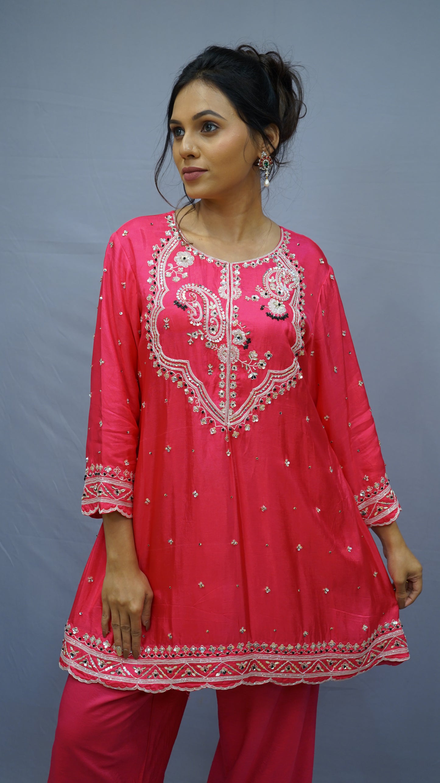 Hot-pink embroidered kurta set