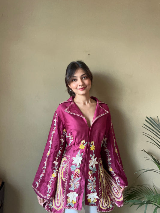 Anjali Rana wearing Wine chanderi silk top