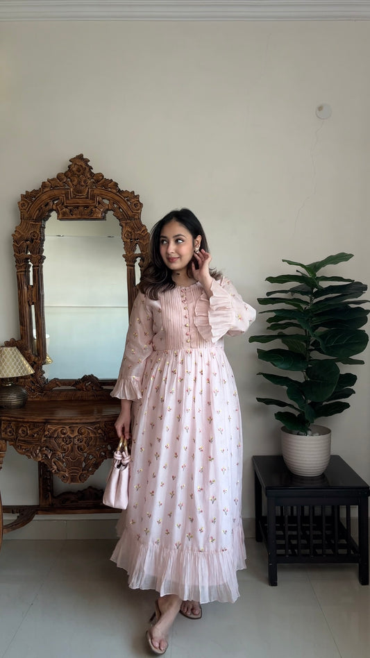 Shreya Sharma wearing blush Pink long dress
