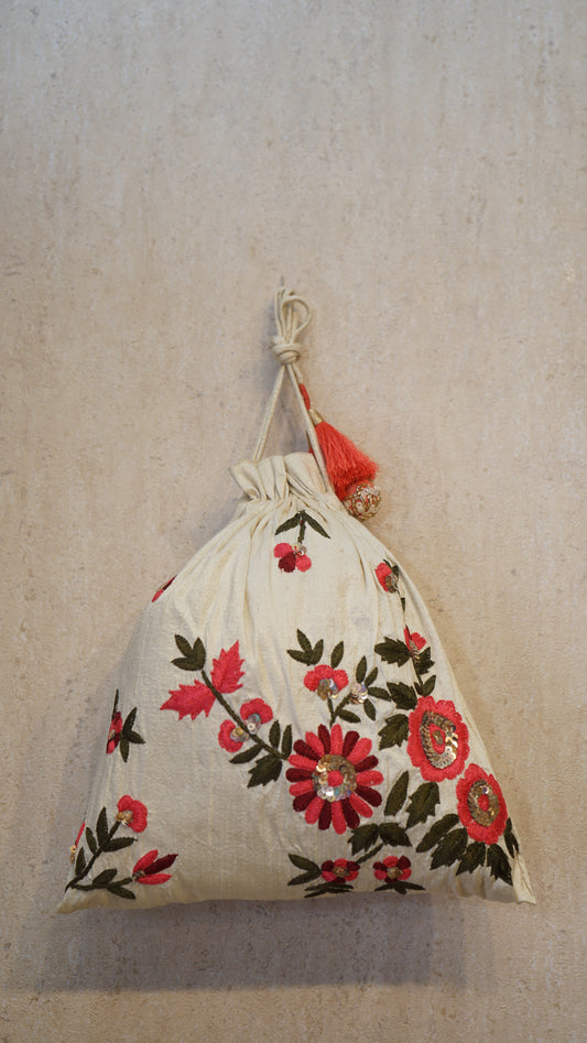Cream/Beige Floral Embroidery Potli