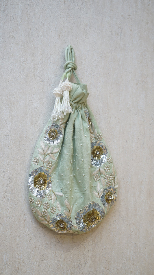 Pastel Green Floral Embroidery Potli