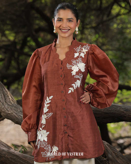 Brown white pearl seuence Work Short Top