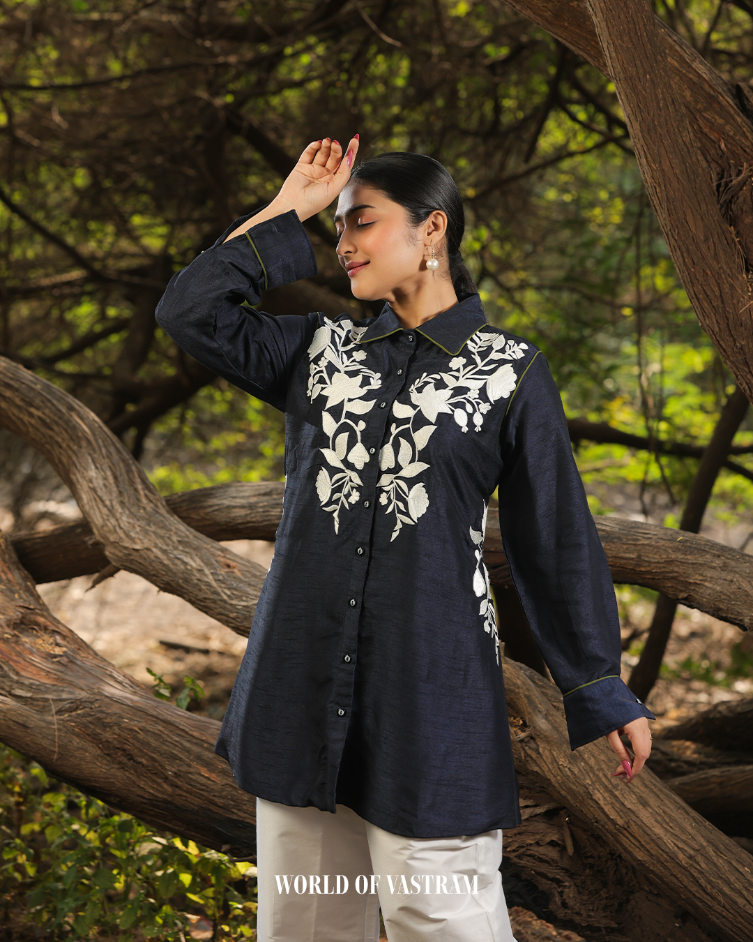 Navy Blue white thread work short top