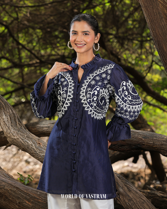 Navy Blue White Circle Work Short Top