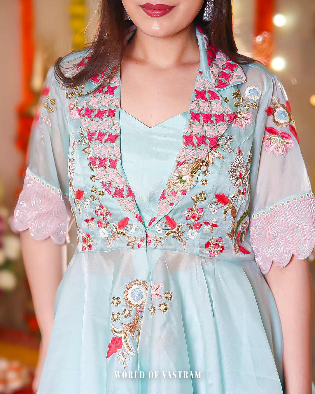 Pastel Blue Peplum Style Embroidered Dress