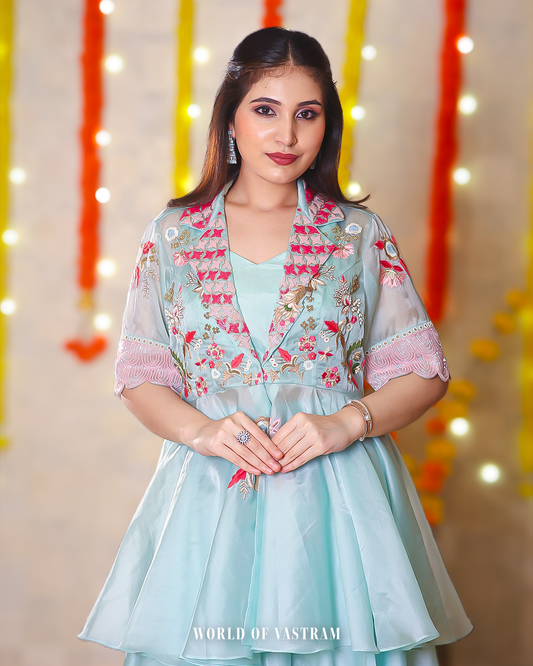 Pastel Blue Peplum Style Embroidered Dress