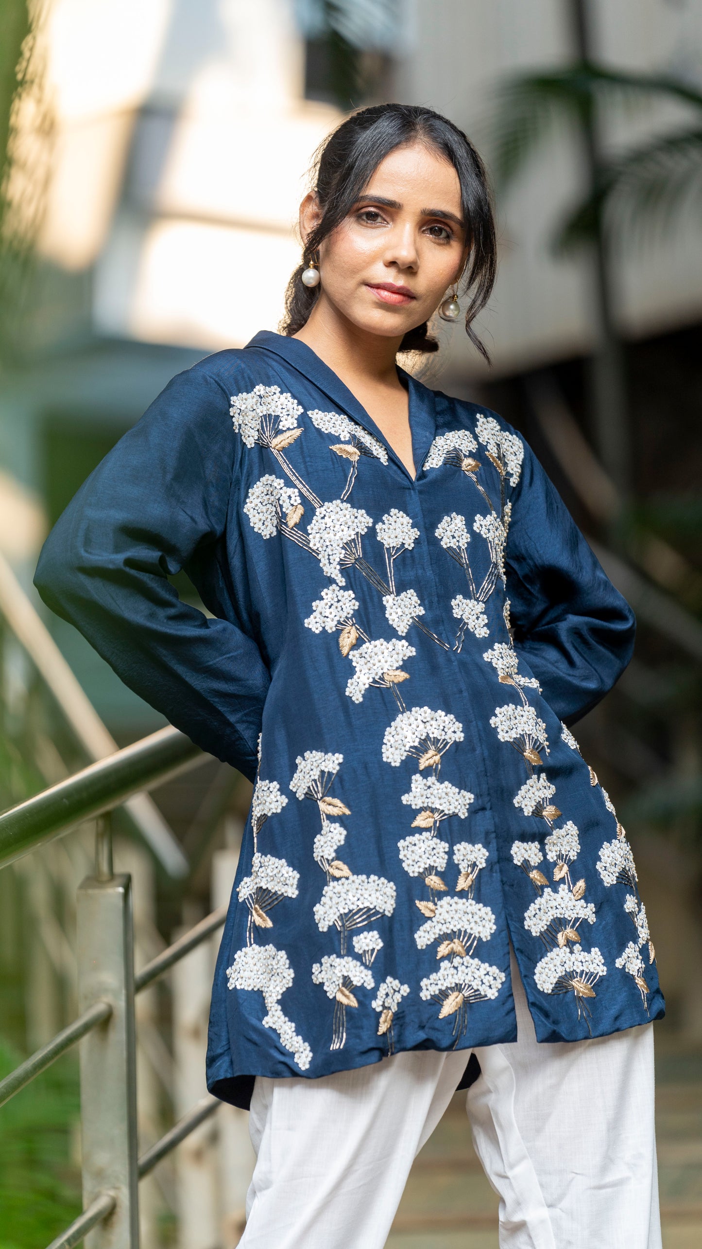 Blue russian silk work top