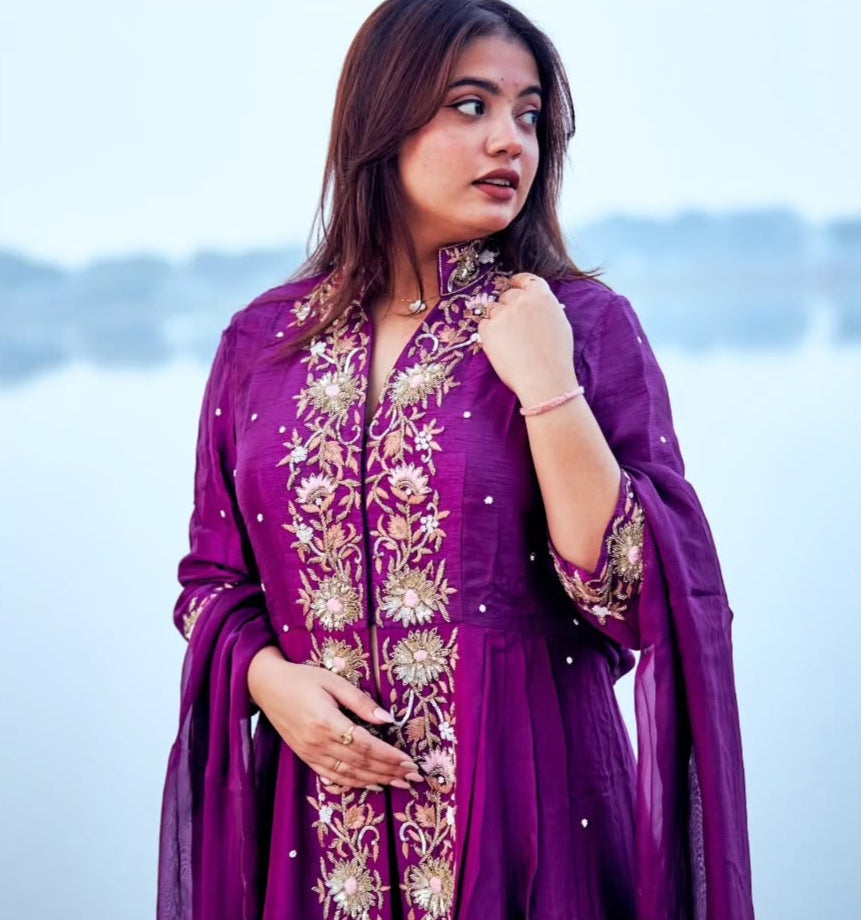 Purple dupien silk and flat chiffon, heavy satin indowestern dress