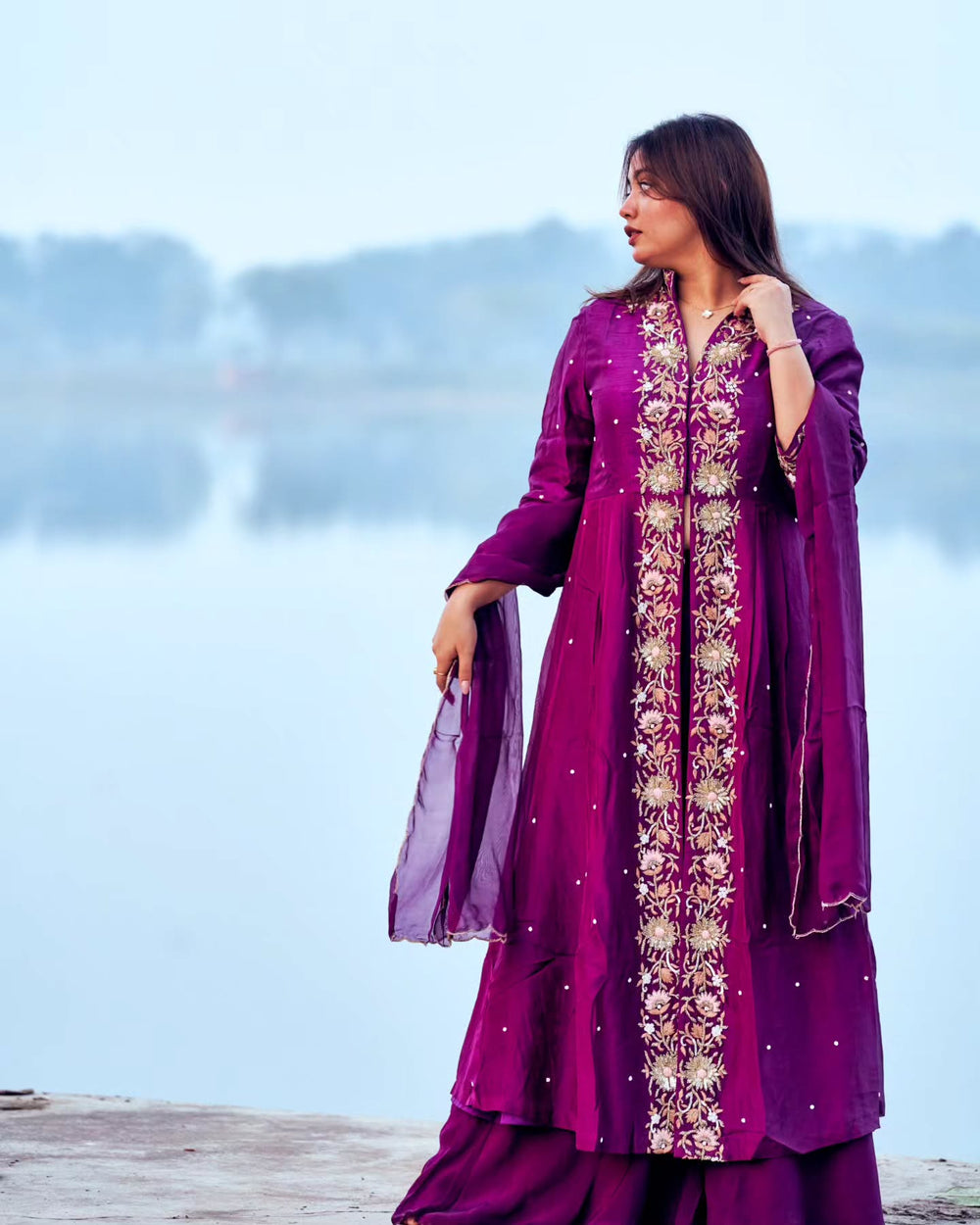 Purple dupien silk and flat chiffon, heavy satin indowestern dress