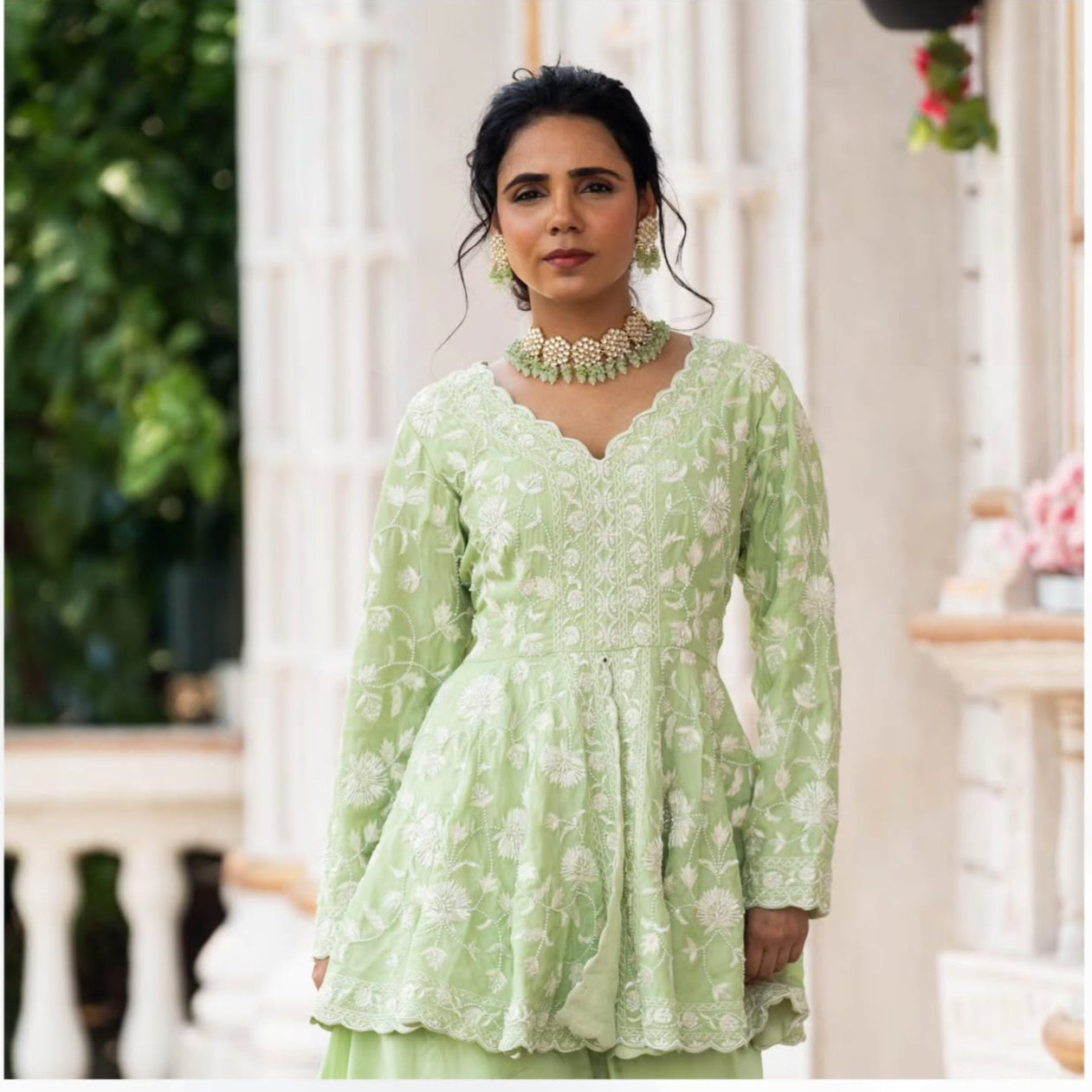 Green satin organza peplum with heavy satin lehenga pallazo