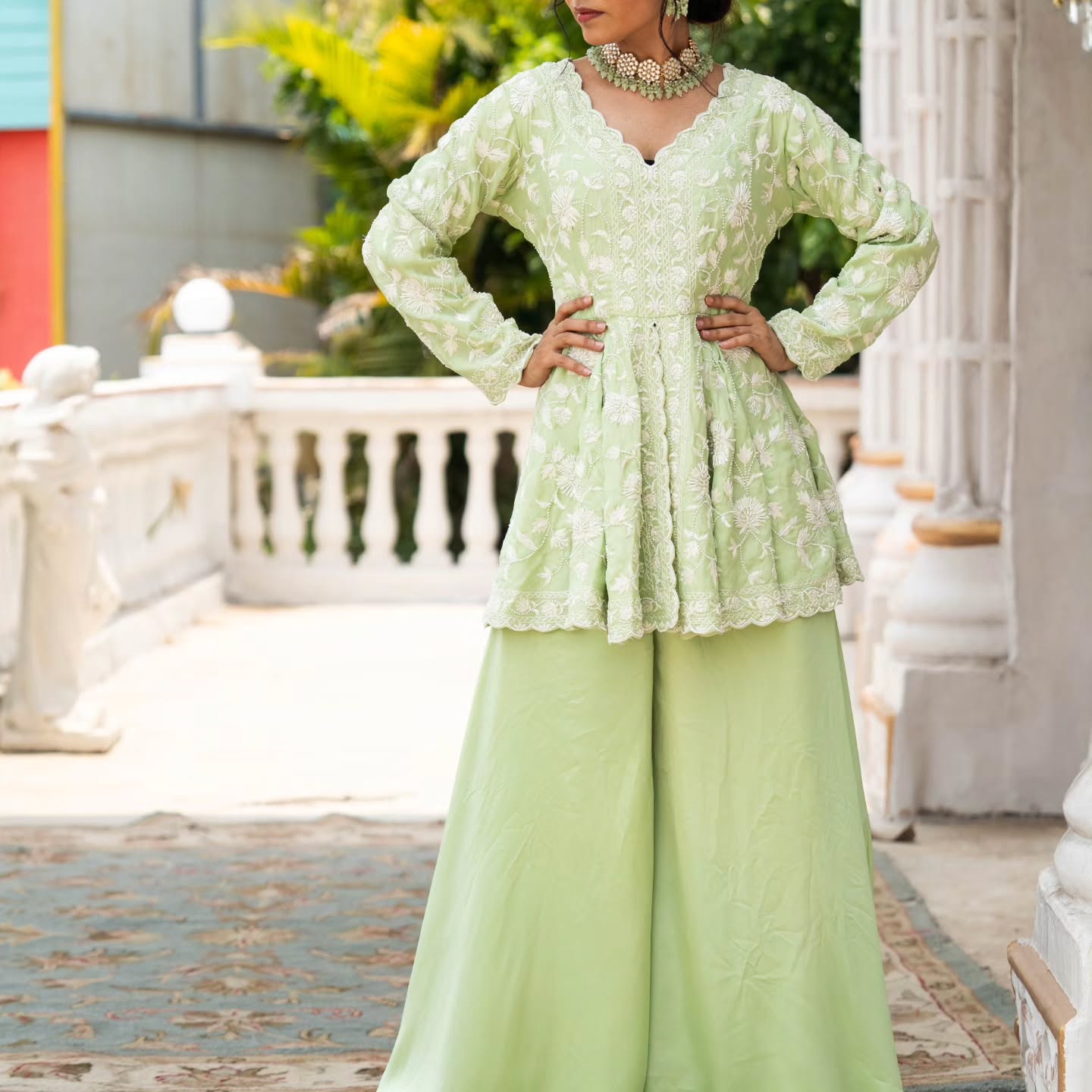 Green satin organza peplum with heavy satin lehenga pallazo