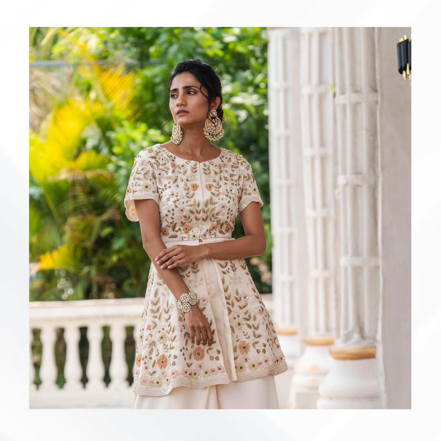 White satin organza peplum top with heavy satin lehenga pallazo
