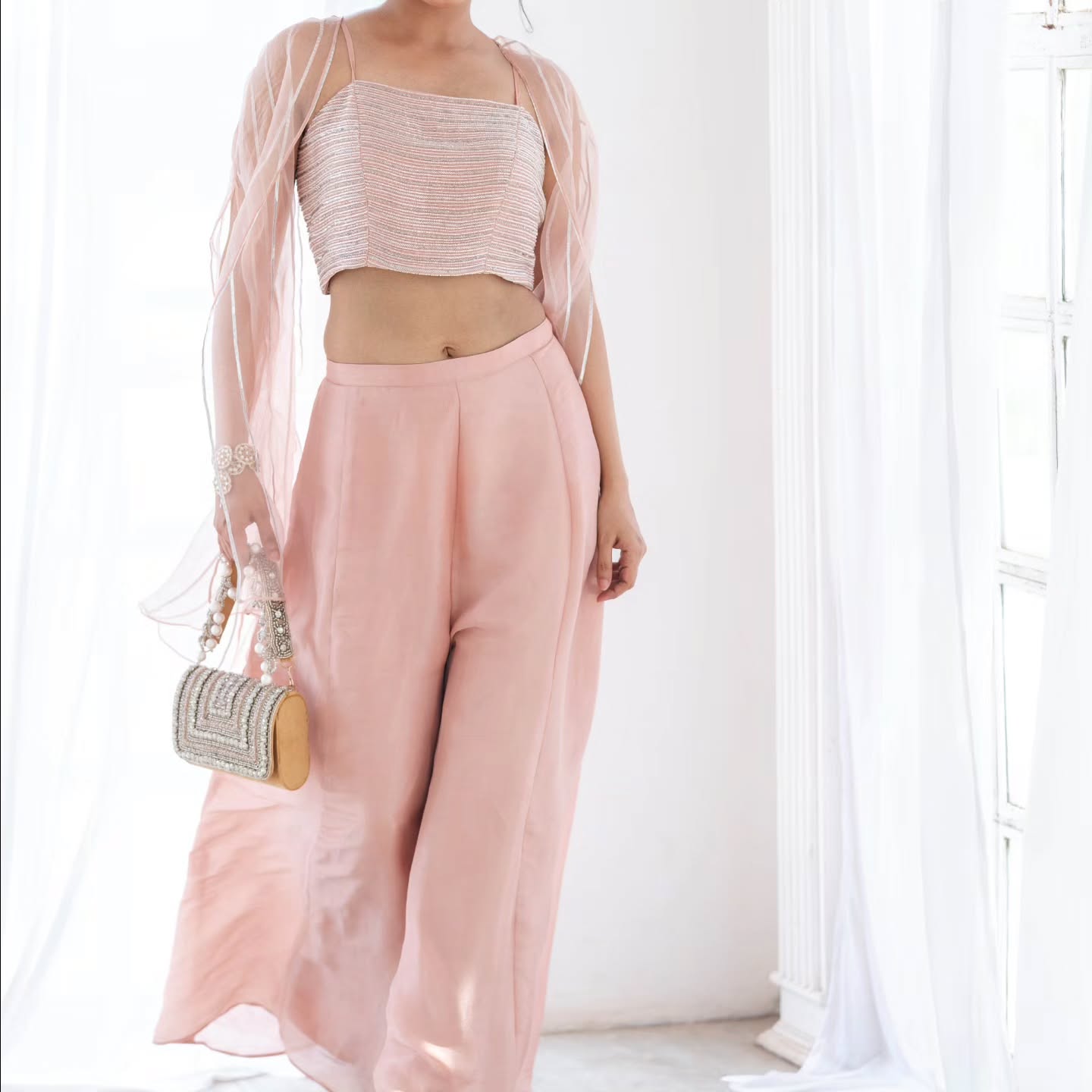 Pastel pink upada silk and organza, tissue Cape